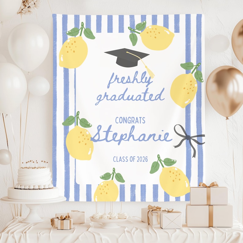 Freshly Graduated Banner, Lemon Graduation Party Decor, Class of 2026 Tapestry, Personalized Grad Backdrop, Preppy Graduation Sign