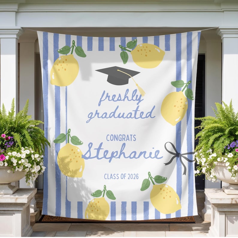 Freshly Graduated Banner, Lemon Graduation Party Decor, Class of 2026 Tapestry, Personalized Grad Backdrop, Preppy Graduation Sign