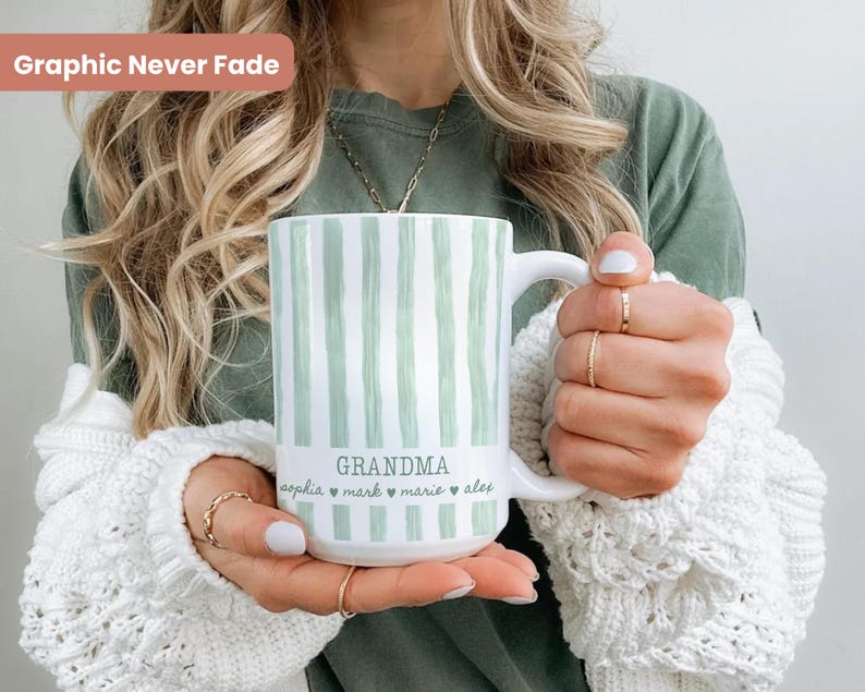 Personalized Grandma Striped Mug, Custom Grandchild Name Pregnancy Announcement