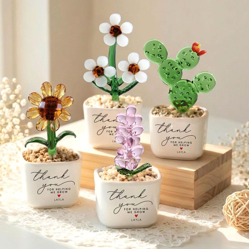 Custom Stained Glass Flower Pot, Thank You for Helping Me Grow, Teacher Appreciation Gift