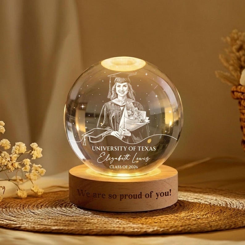 Personalized Photo Graduation Gift, Class of 2026 Crystal Ball Night Light