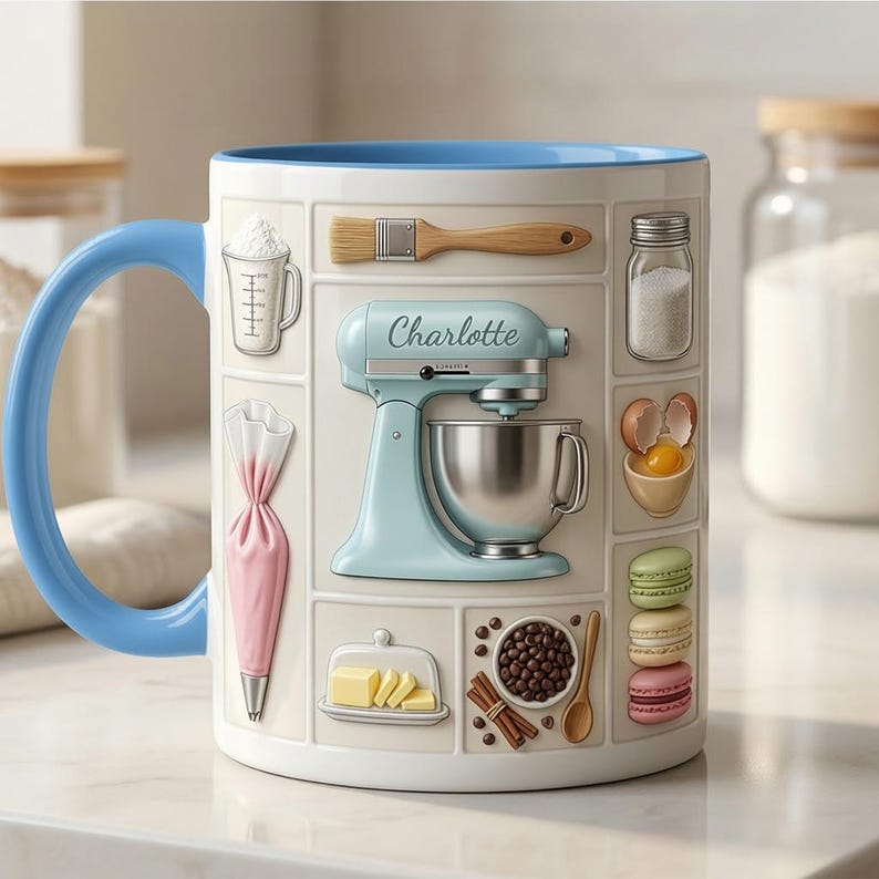 Custom Name Baker Faux 3D Effect Mug, Personalized Baking Tools Design, Kitchen Gift