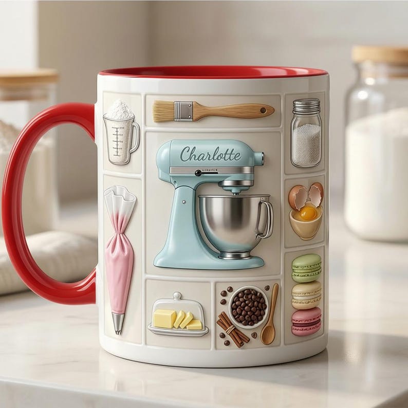 Custom Name Baker Faux 3D Effect Mug, Personalized Baking Tools Design, Kitchen Gift