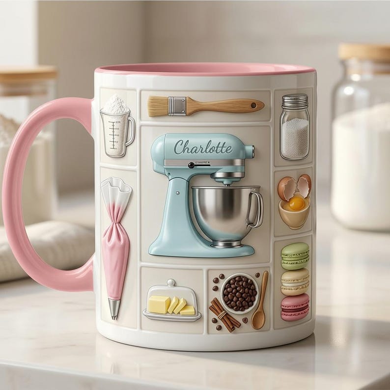 Custom Name Baker Faux 3D Effect Mug, Personalized Baking Tools Design, Kitchen Gift