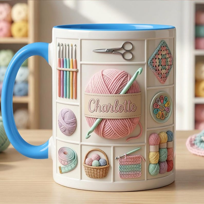 Custom Name Crochet Lover Mug, Personalized Crochet Lover Mug, Faux 3D Effect Accent Mug, Flat Surface