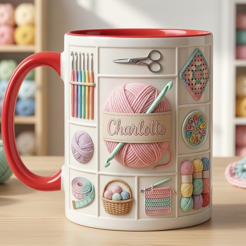 Custom Name Crochet Lover Mug, Personalized Crochet Lover Mug, Faux 3D Effect Accent Mug, Flat Surface