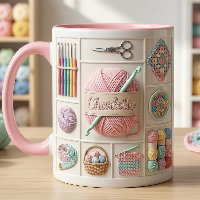 Custom Name Crochet Lover Mug, Personalized Crochet Lover Mug, Faux 3D Effect Accent Mug, Flat Surface
