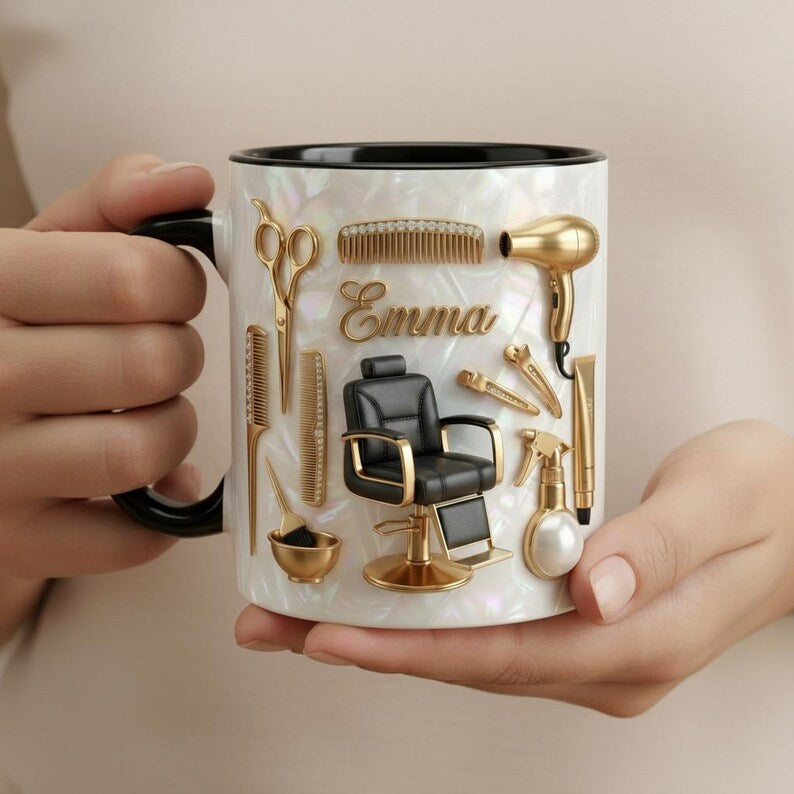 Custom Name Hairstylist Faux 3D Effect Mug, Personalized Salon Decor, Hairdresser Gift, Flat Surface