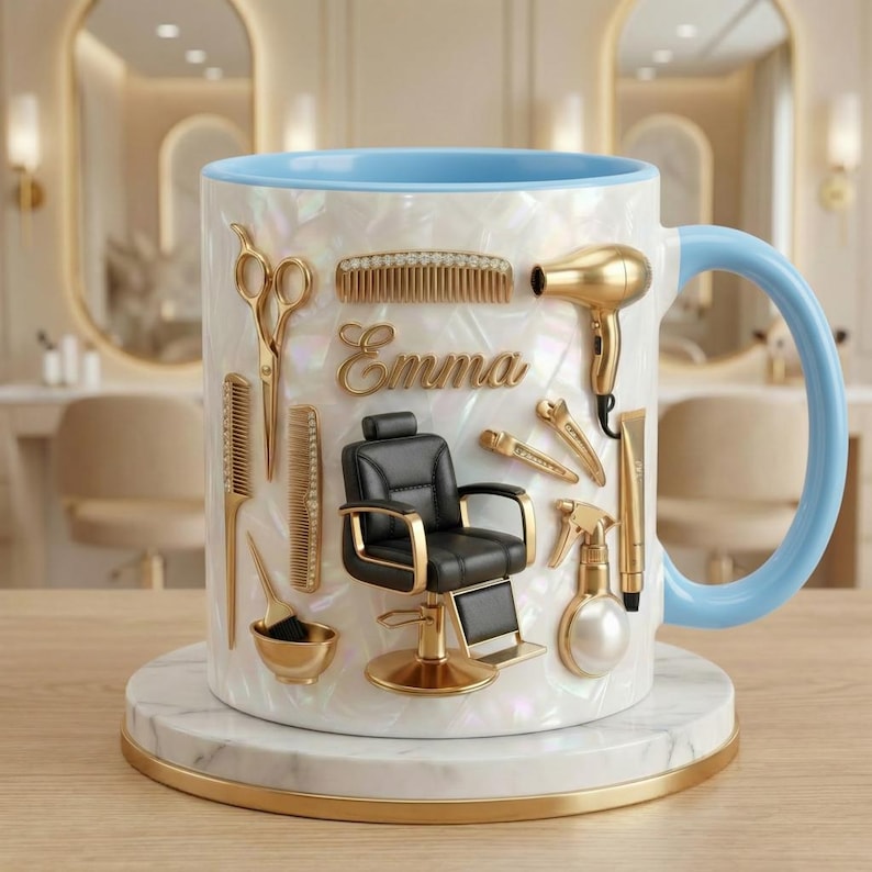 Custom Name Hairstylist Faux 3D Effect Mug, Personalized Salon Decor, Hairdresser Gift, Flat Surface