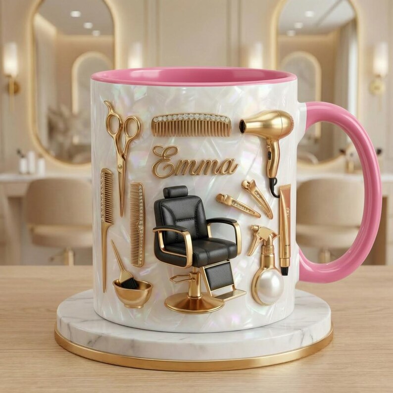 Custom Name Hairstylist Faux 3D Effect Mug, Personalized Salon Decor, Hairdresser Gift, Flat Surface