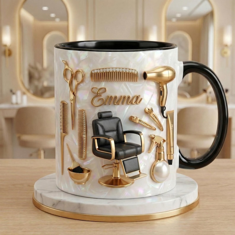 Custom Name Hairstylist Faux 3D Effect Mug, Personalized Salon Decor, Hairdresser Gift, Flat Surface