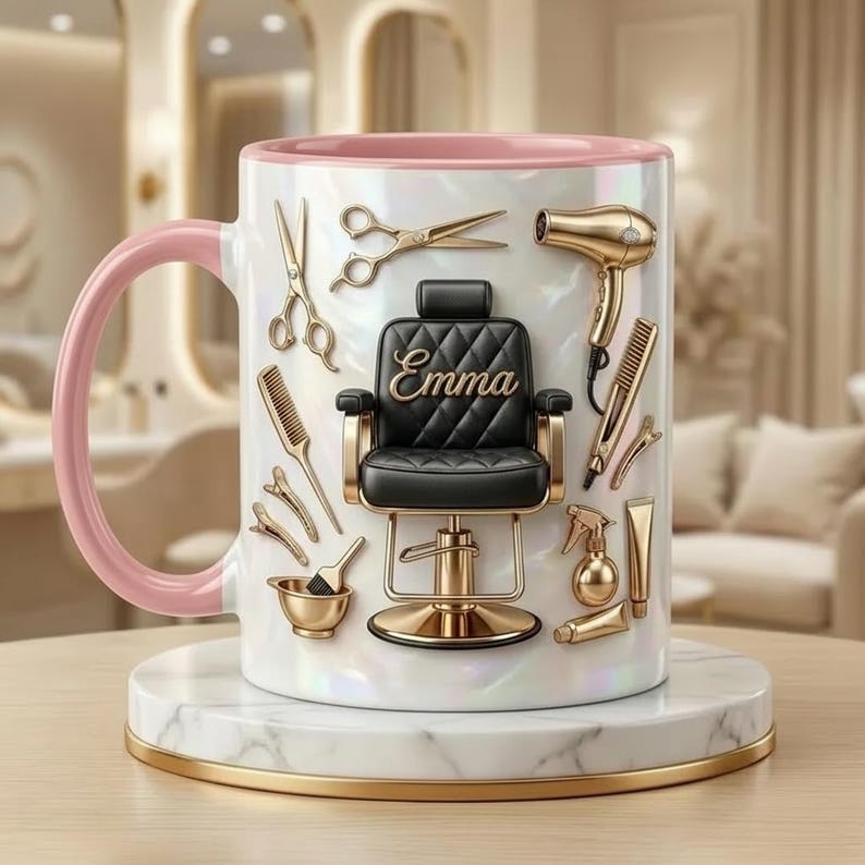 Personalized Hair Salon Owner Mug, Faux 3D Effect Mug, Salon Decor, Hairdresser Gift, 2D Flat