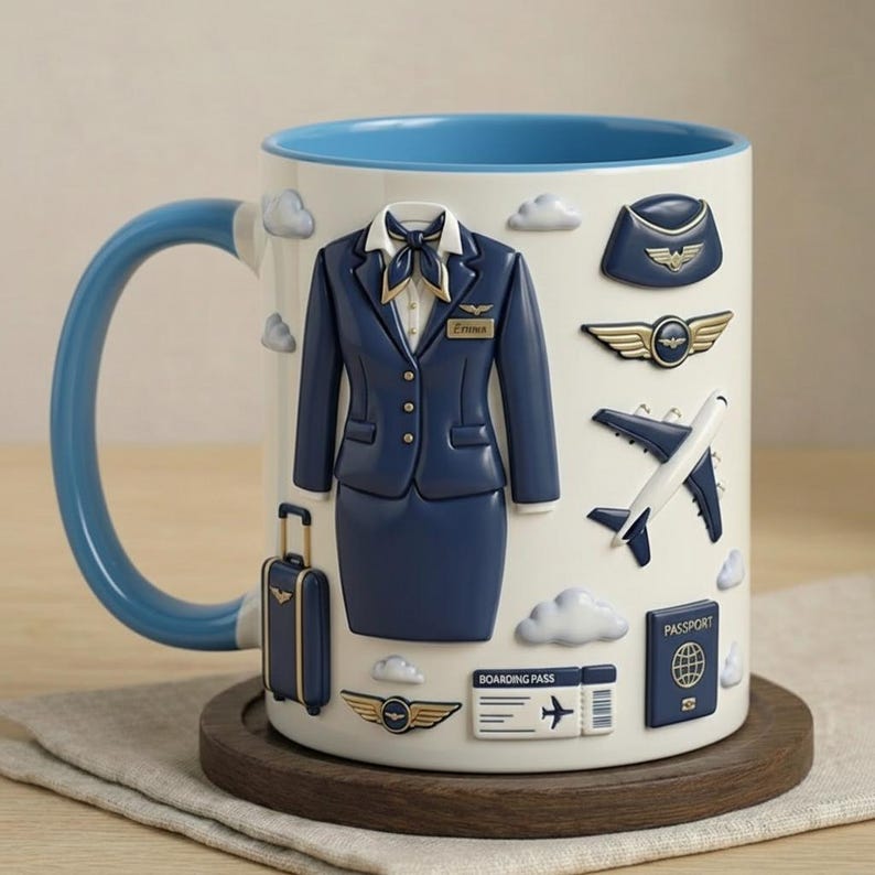 Personalized Flight Attendant Mug, Custom Name Stewardess Coffee Cup, Aviation Gift for Her, Airline Crew Mug, Travel Lover Gift
