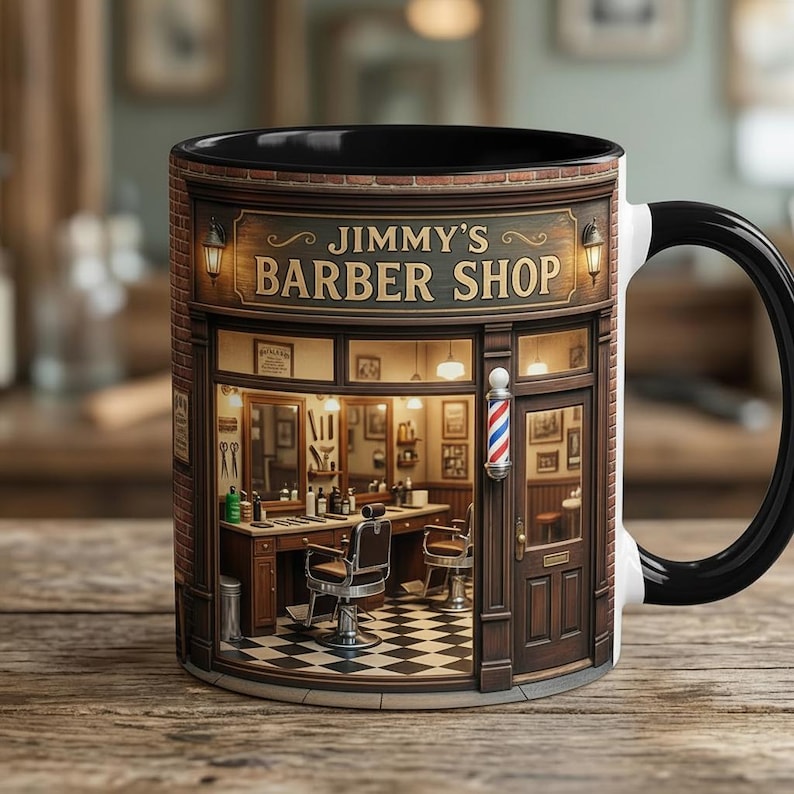 Personalized Barber Shop Owner Mug, Barbershop Coffee Cup, Barber Gift for Him, Hairstylist Birthday Gift, Faux 3D Effect, Flat Surfave