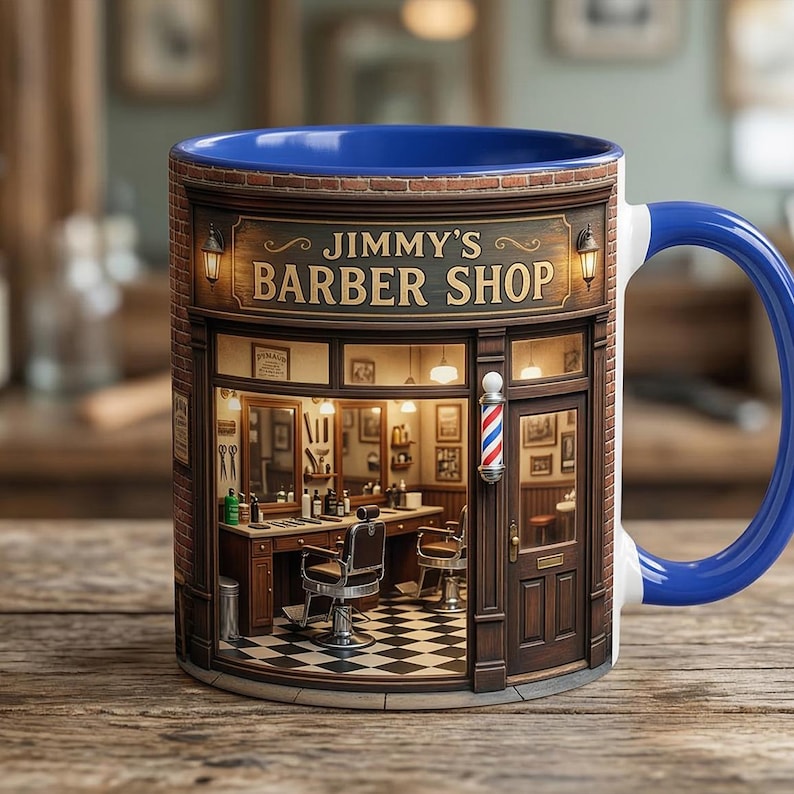 Personalized Barber Shop Owner Mug, Barbershop Coffee Cup, Barber Gift for Him, Hairstylist Birthday Gift, Faux 3D Effect, Flat Surfave