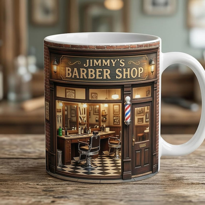 Personalized Barber Shop Owner Mug, Barbershop Coffee Cup, Barber Gift for Him, Hairstylist Birthday Gift, Faux 3D Effect, Flat Surfave