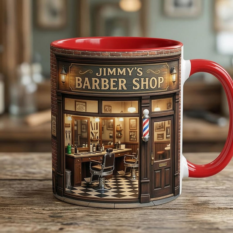 Personalized Barber Shop Owner Mug, Barbershop Coffee Cup, Barber Gift for Him, Hairstylist Birthday Gift, Faux 3D Effect, Flat Surfave
