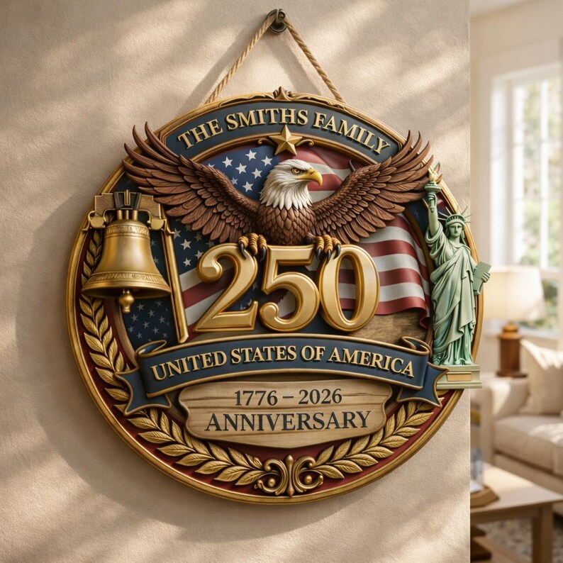 America 250th Anniversary Wooden Door Sign, USA Patriotic Eagle Wreath, Freedom 1776 2026 Independence Day Gift, Custom Family Name Sign