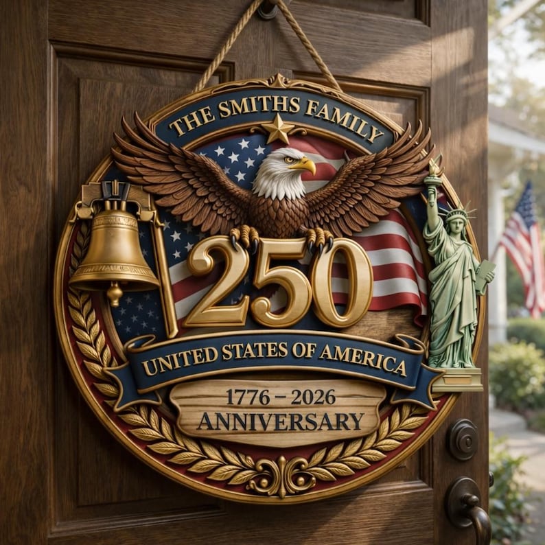 America 250th Anniversary Wooden Door Sign, USA Patriotic Eagle Wreath, Freedom 1776 2026 Independence Day Gift, Custom Family Name Sign