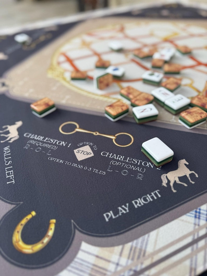 Saddles & Silk Mahjong Mat, Equestrian Mahjong Mat, Horse Bit, Preppy Luxury Scarf Table Mat