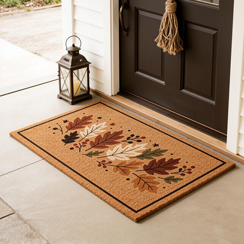 Fall Leaves Coir Doormat, Autumn Oak Leaf Welcome Mat, Thanksgiving Porch Decor, Aesthetic Nature Mat