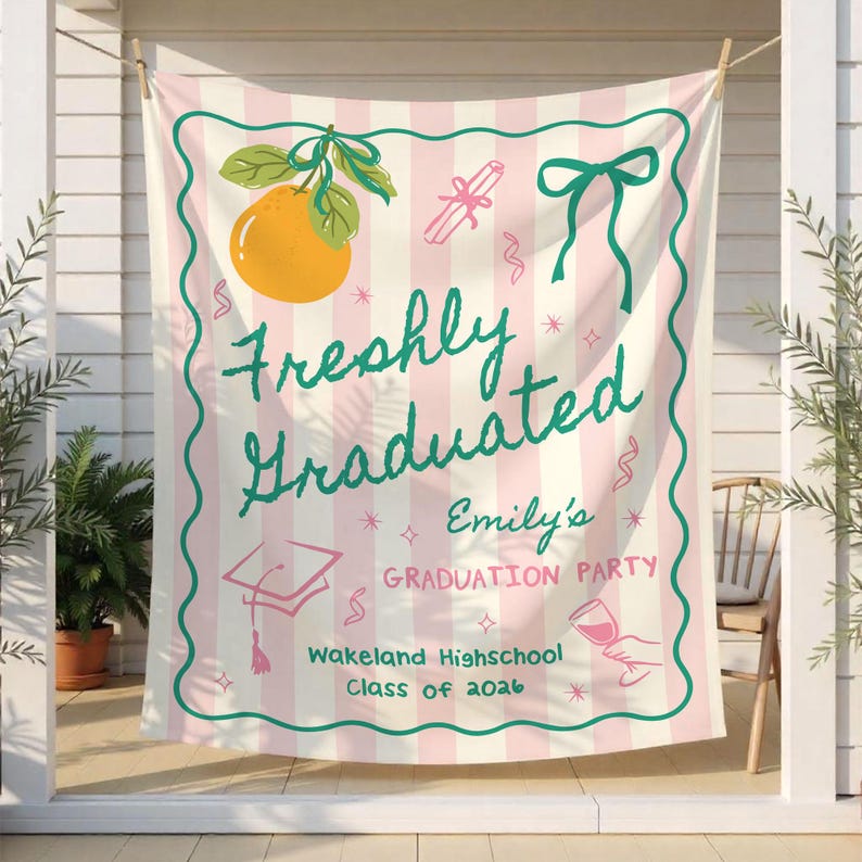 Custom Graduation Party Photo Backdrop,Freshly Graduated Welcome Sign,Citrus Grad Party Banner,2026 Graduation Tapestry
