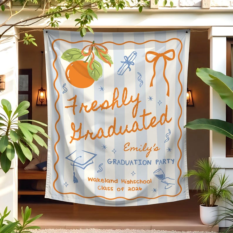 Custom Graduation Party Photo Backdrop,Freshly Graduated Welcome Sign,Citrus Grad Party Banner,2026 Graduation Tapestry