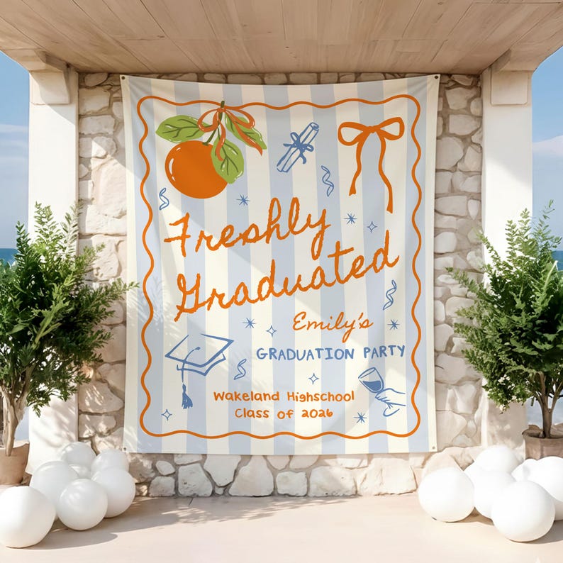 Custom Graduation Party Photo Backdrop,Freshly Graduated Welcome Sign,Citrus Grad Party Banner,2026 Graduation Tapestry