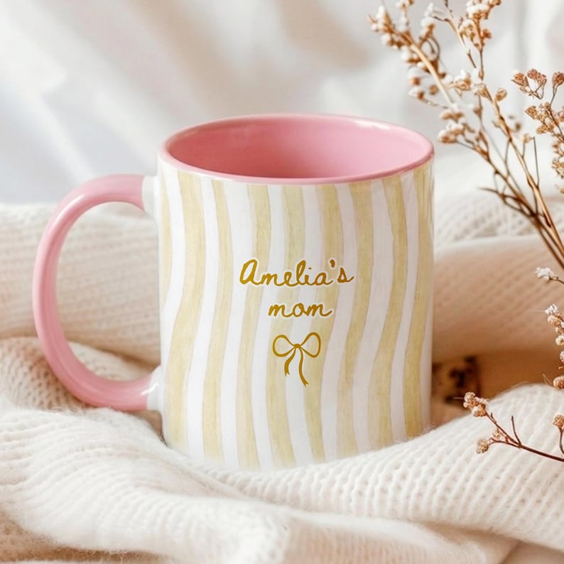 Personalized Grandma Stripe Mug, Coquette Striped Name Mug Gifts, Mother's Day Gift for Nana