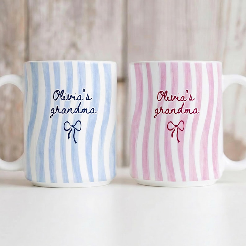 Personalized Grandma Stripe Mug, Coquette Striped Name Mug Gifts, Mother's Day Gift for Nana