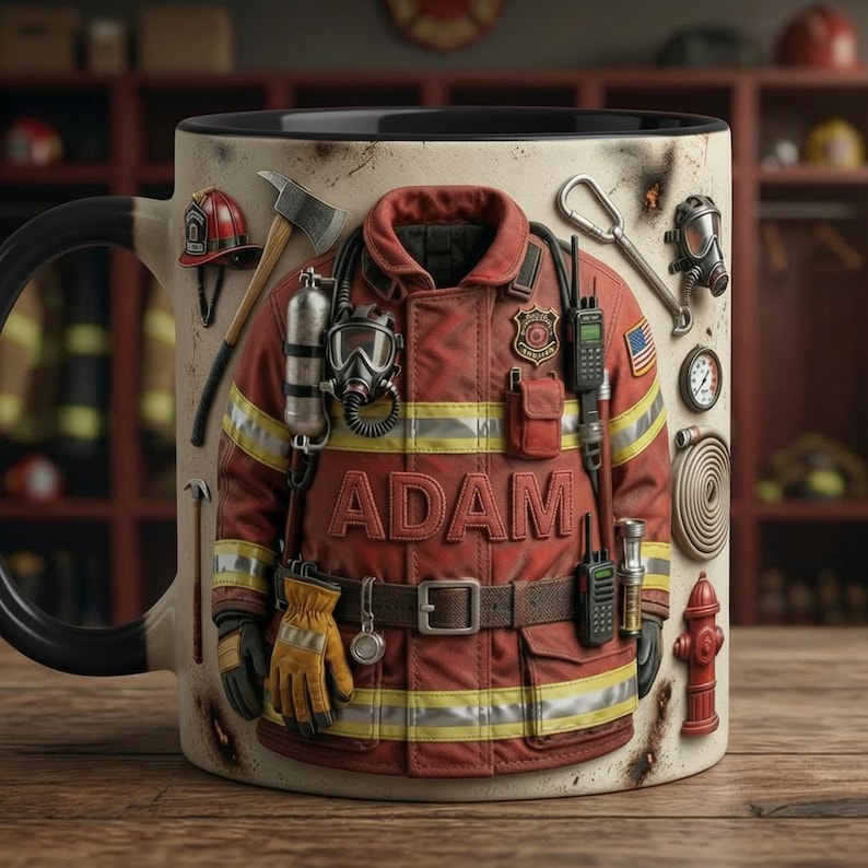 Personalized Firefighter Accent Mug, Fire Rescue Stuff Cup, Proud Fireman, Faux 3D Effect, 2D Flat