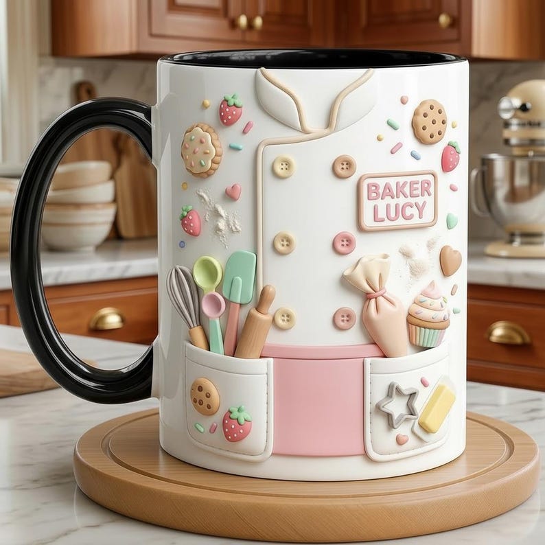 Custom Name Baker Faux 3D Effect Mug, Baking Tools Design, Kitchen Gift