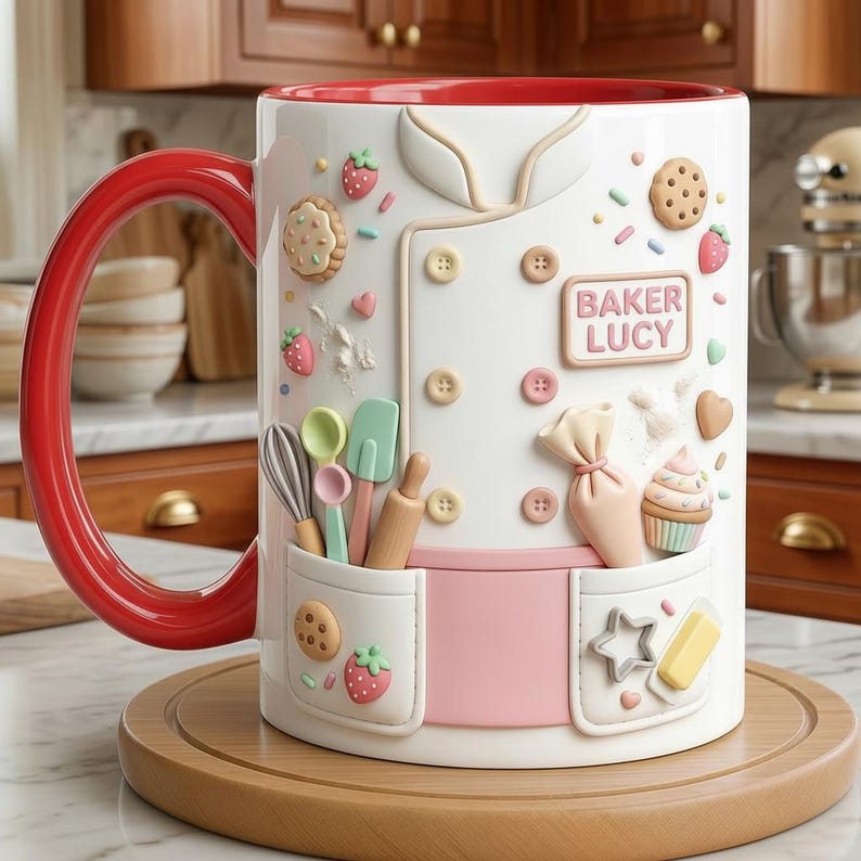 Custom Name Baker Faux 3D Effect Mug, Baking Tools Design, Kitchen Gift