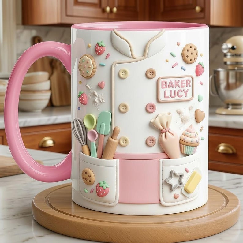 Custom Name Baker Faux 3D Effect Mug, Baking Tools Design, Kitchen Gift