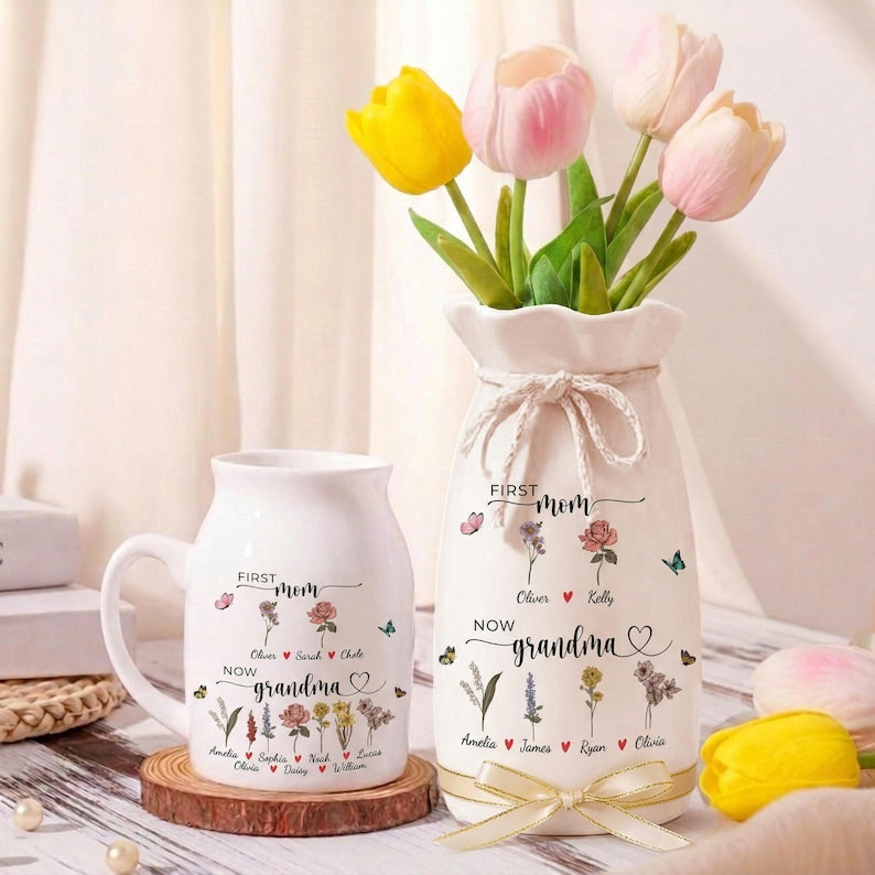 Custom First Mom Now Grandma Ceramic Flower Vase, Birth Month Flower Vase