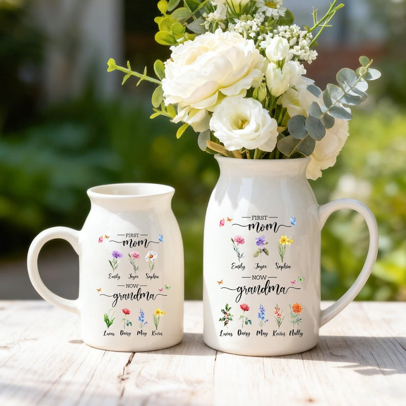 First Mom Now Grandma Flower Vase,Personalized Birth Month Flower Vase