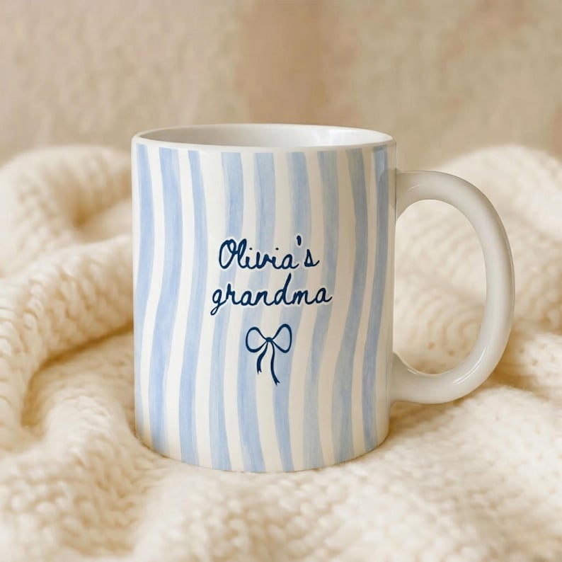 Personalized Grandma Stripe Mug, Coquette Striped Name Mug Gifts, Mother's Day Gift for Nana