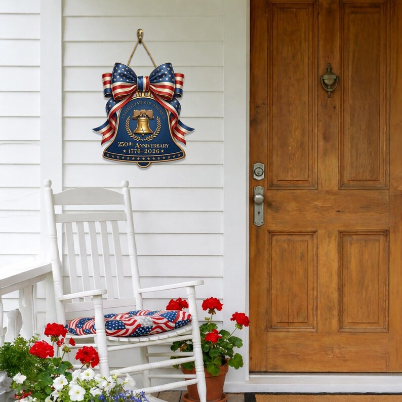 250 Years USA Liberty Bell Sign, Wooden Patriotic Door Hanger, Independence Day Decor, America Anniversary Gift