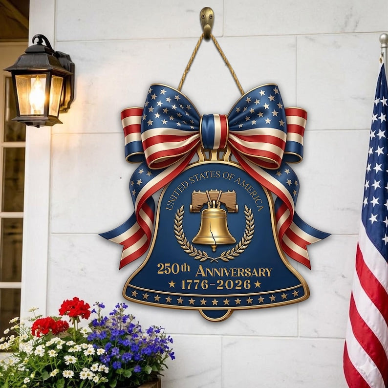 250 Years USA Liberty Bell Sign, Wooden Patriotic Door Hanger, Independence Day Decor, America Anniversary Gift