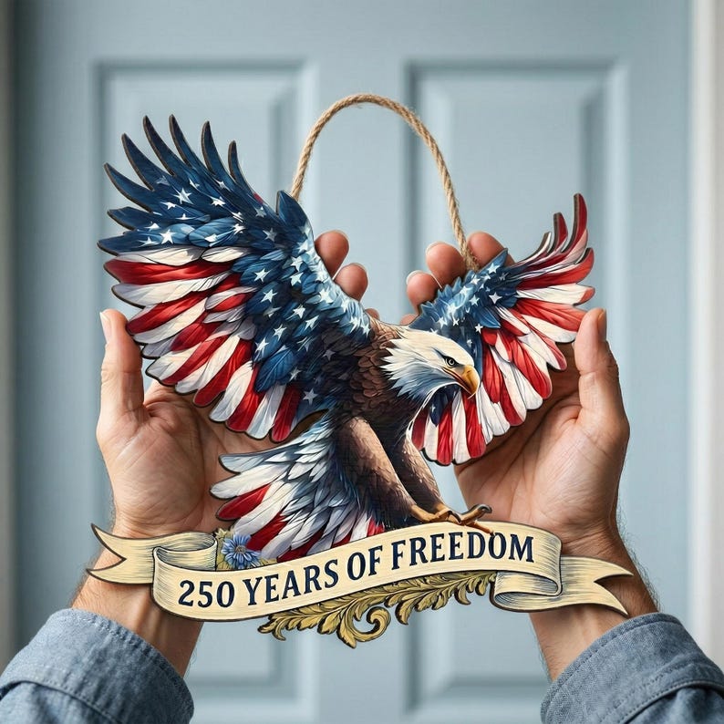 250 Years America Wooden Sign, Patriotic Door Decor, American Flag Eagle Wall Art, Independence Day Gift