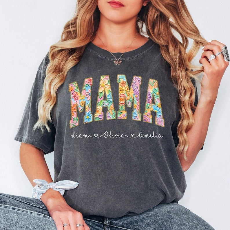 Mama Floral T-Shirt, Personalized Mama Shirt, Custom Kids Names Shirt, Mothers Day Gift, Floral Name Tee, Mom Gift Shirt