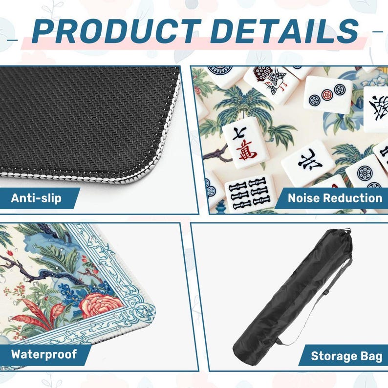 Tropical Garden Mahjong Mat, Blue Pagoda Bird Design Mat
