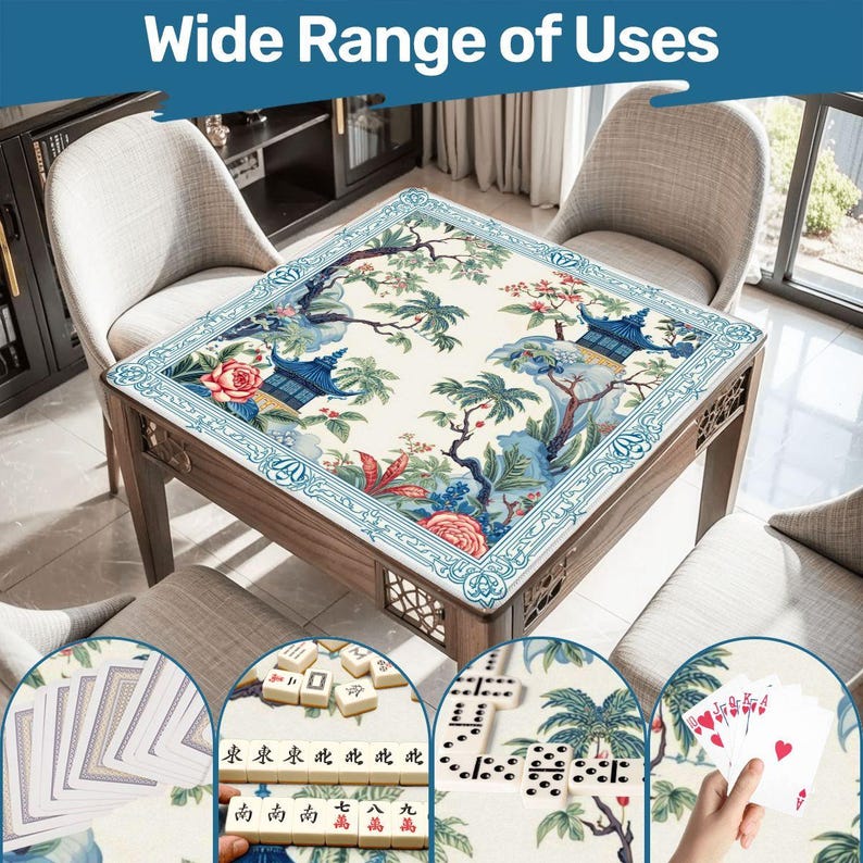 Tropical Garden Mahjong Mat, Blue Pagoda Bird Design Mat