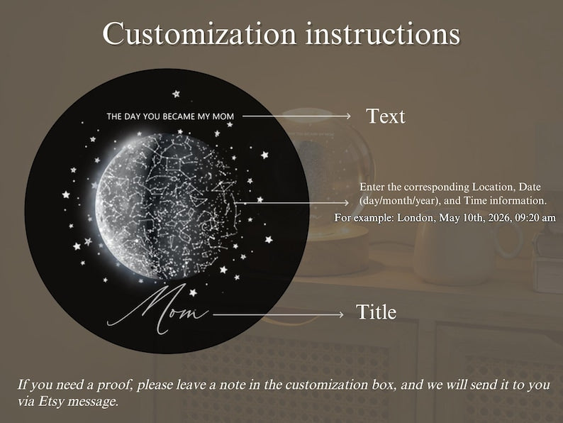 Custom Moon Phase & Star Map Crystal Ball Night Light, The Day You Became My Mom
