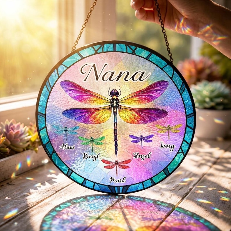 Personalized Dragonfly Grandma Garden Stained Glass Suncatcher, Mother Day Gift