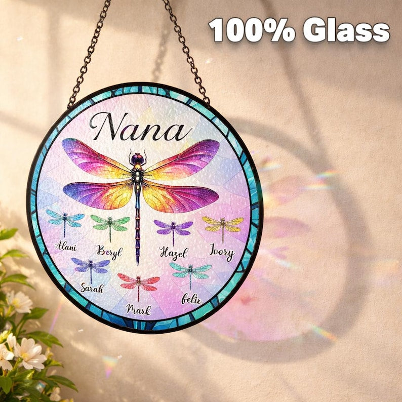 Personalized Dragonfly Grandma Garden Stained Glass Suncatcher, Mother Day Gift