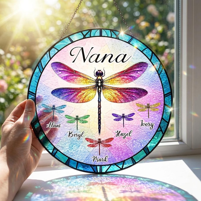Personalized Dragonfly Grandma Garden Stained Glass Suncatcher, Mother Day Gift