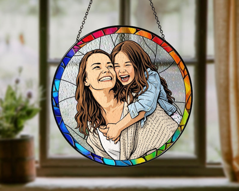 Custom Stained Glass Mom Portrait Suncatcher, Mothers Day Gift