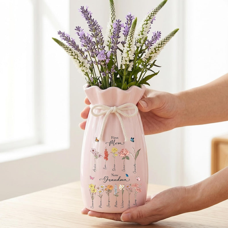 Custom First Mom Now Grandma Ribbon Tie Ceramic Flower Vase, Birth Month Flower Vase