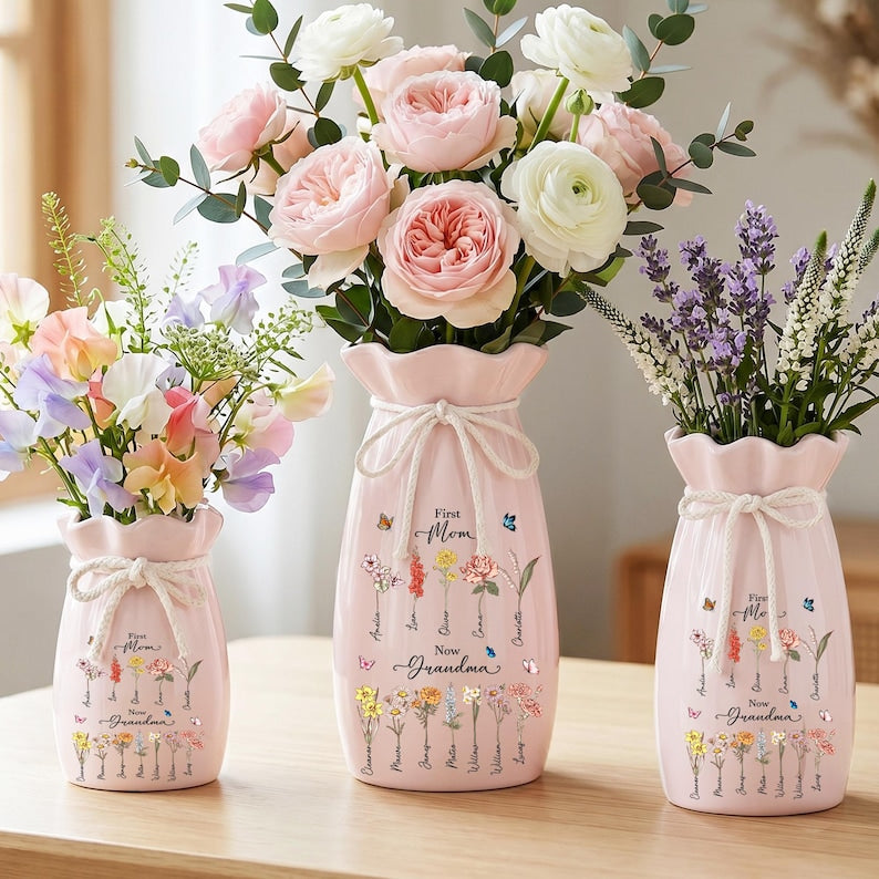 Custom First Mom Now Grandma Ribbon Tie Ceramic Flower Vase, Birth Month Flower Vase